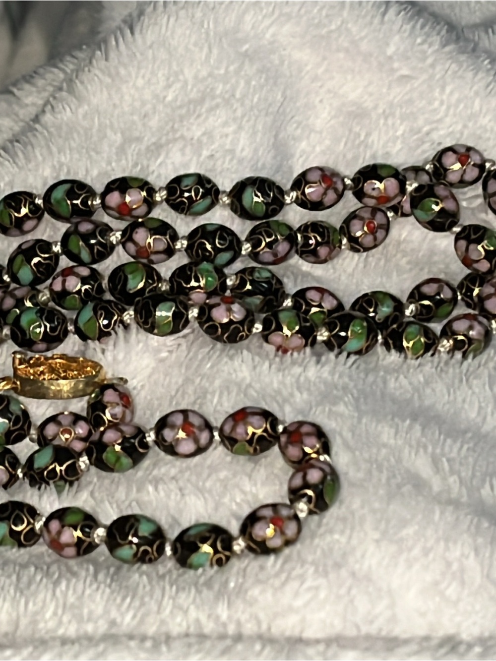 Vintage Chinese Cloisonné Floral Beaded Necklace Black, Green &Pink floral beads